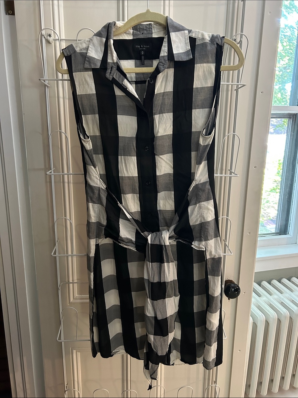 rag & bone Black and White Checked Sleeveless Tie-Front Shirt Dress